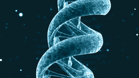 Animated DNA helix surrounded by digital genetic signals